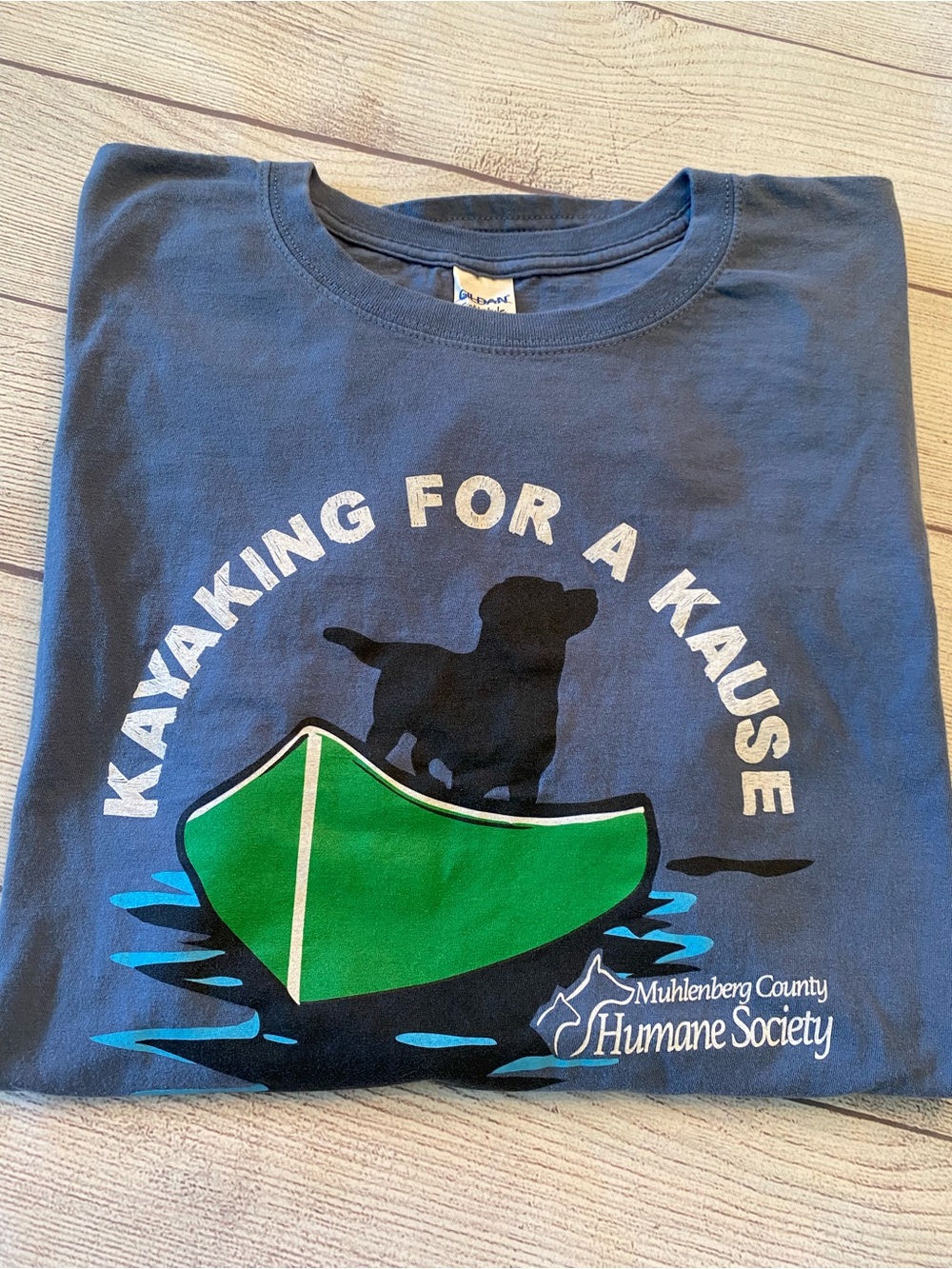 Slate Blue Graphic Tee with Kayaking Dog Graphic